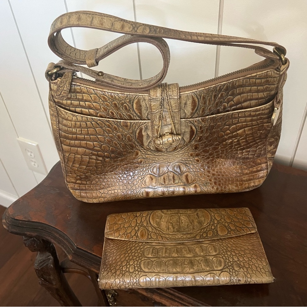 Brahmin Croc Embossed Blonde/Tan Purse Handbag and Wallet, Loved & Imperfect